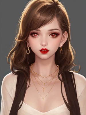 the girl has a little bit of makeup on her face and her hair looks real, 1girl, solo, jewelry, earrings, looking at viewer, necklace, parted lips, simple background, red lips