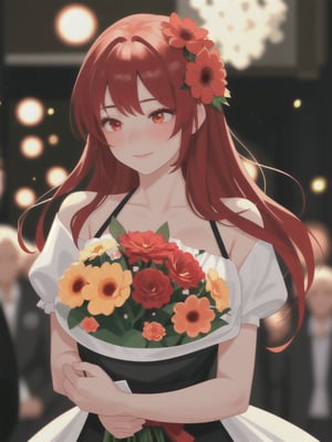 a closeup picture of a woman having a flower bouquet in front of her, 1girl, solo, flower, long hair, blurry, red hair, blurry background, bouquet, holding, upper body