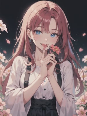 woman in a pink smock holding a flower in her teeth and to hold it, she's smiling, 1girl, solo, long hair, flower, realistic, red hair, looking at viewer, nail polish, blue eyes, LowKeyLights, 