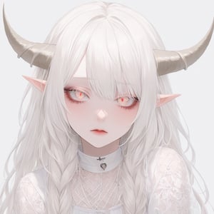 1 girl, albino demon girl with lethargic sleepy smokey eyes,(white dreadlocks hair),((slit pupil eyes)),mesh fishnet blouse, (long intricate horns:1.2) ,