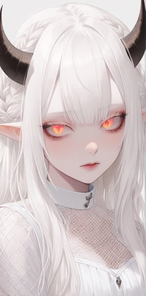 1 girl, albino demon girl with lethargic sleepy smokey eyes,(white dreadlocks hair),((slit pupil eyes)),mesh fishnet blouse, (long intricate horns:1.2) ,