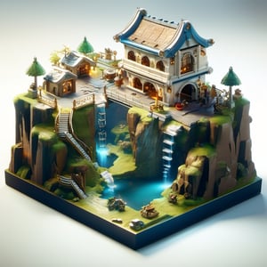 8k, RAW photos, top quality, masterpiece: 1.3),
A fantasy fairy village
, miniature, landscape, depth of field, ladder,  from above, English text,Ore, cave, torch,Underground lake, isometric style, simple background, white background,3d isometric,steampunk style,ff14bg,DonMSt33lM4g1cXL,DonMD0n7P4n1cXL,LEGO MiniFig