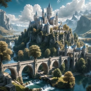 //quality, (masterpiece:1.4), (detailed), ((,best quality,)),//outdoors, sky, day, cloud, water, tree, no humans, scenery, bridge, river, elven marble castle, 2 castles joined by bridges,fantasy world,cliff, mountain, magical city,cathedral, tower, landscape, lake, white trees,aerial view 