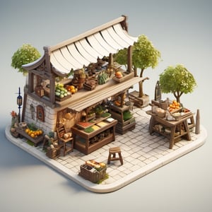 8k, RAW photos, top quality, masterpiece: 1.3),
 "Medieval Fishmonger Stall
, miniature, landscape, depth of field, ladder, table, from above, English text, chair, lamp, coffee, architecture, tree, potted plants, isometric style, simple background, white background,3d isometric