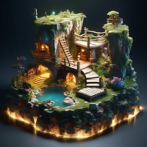 8k, RAW photos, top quality, masterpiece: 1.3),
A fantasy fairy village
, miniature, landscape, depth of field, ladder,  from above, English text,Ore, cave, torch,Underground lake, isometric style, simple background, white background,3d isometric,steampunk style,ff14bg,DonMSt33lM4g1cXL,DonMD0n7P4n1cXL