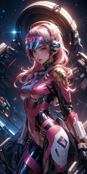 a girl, thunder yellow jacket, tight suit,Space helm of the 1960s,and the anime series G Force of the 1980s,Darf Punk wlop glossy skin, ultrarealistic sweet girl, space helm 60s, holographic, holographic texture, the style of wlop, space, 