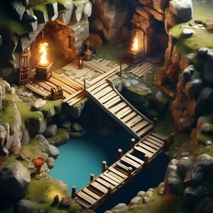 8k, RAW photos, top quality, masterpiece: 1.3),
medieval era ,Mine shaft underground
, miniature, landscape, depth of field, ladder,  from above, English text,Ore, cave, torch,Underground lake, isometric style, simple background, white background,3d isometric,steampunk style,ff14bg,DonMSt33lM4g1cXL,DonMD0n7P4n1cXL