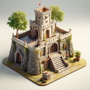 8k, RAW photos, top quality, masterpiece: 1.3),
 "Knight's Fortress

, miniature, landscape, depth of field, ladder, table, from above, English text, chair, lamp, coffee, architecture, tree, potted plants, isometric style, simple background, white background,3d isometric