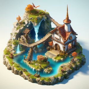 8k, RAW photos, top quality, masterpiece: 1.3),
A fantasy fairy village
, miniature, landscape, depth of field, ladder,  from above, English text,Ore, cave, torch,Underground lake, isometric style, simple background, white background,3d isometric,steampunk style,ff14bg,DonMSt33lM4g1cXL,DonMD0n7P4n1cXL