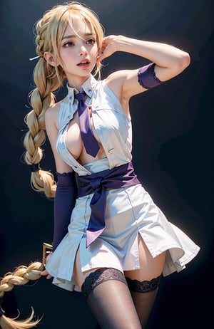 1girl,Long hair , (Long hair past waist braided into a single fishtail braid centered at the back),Layered Bangs, breasts, blush, open mouth, blonde hair, large breasts, thighhighs, bare shoulders,White sleeveless open-back blouse, purple eyes, braid , purple necktie , sleeveless, solo focus ,  clothing cutout, single braid, sideboob, cleavage cutout , breasts squeezed together , jeanne d'arc \(fate\),Nice legs and hot body,full-body photo,Perfect body,