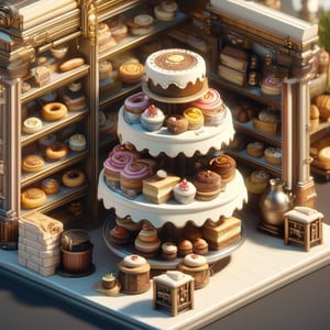 8k, RAW photos, top quality, masterpiece: 1.3),
The shelves in the bakery are filled with cakes, bread, doughnuts, toast, ham sandwiches, handmade cookies, and spiral rolls., miniature, landscape, depth of field, ladder,  from above, English text,architecture, tree, potted plants, isometric style, simple background, white background,3d isometric,steampunk style,ff14bg,DonMSt33lM4g1cXL