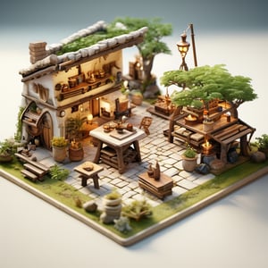 8k, RAW photos, top quality, masterpiece: 1.3), 12000 years ago hunting village, miniature, landscape, depth of field, ladder, table, from above, English text, chair, lamp, coffee, architecture, tree, potted plants, isometric style, simple background, white background,3d isometric