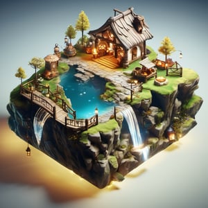 8k, RAW photos, top quality, masterpiece: 1.3),
A fantasy fairy village
, miniature, landscape, depth of field, ladder,  from above, English text,Ore, cave, torch,Underground lake, isometric style, simple background, white background,3d isometric,steampunk style,ff14bg,DonMSt33lM4g1cXL,DonMD0n7P4n1cXL