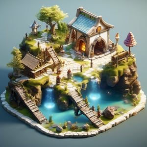 8k, RAW photos, top quality, masterpiece: 1.3),
A fantasy fairy village
, miniature, landscape, depth of field, ladder,  from above, English text,Ore, cave, torch,Underground lake, isometric style, simple background, white background,3d isometric,steampunk style,ff14bg,DonMSt33lM4g1cXL,DonMD0n7P4n1cXL