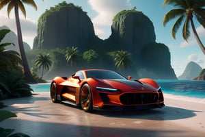 a super exotic luxury 2-door sports car shaped after captain marvel, tropical island background, exterior shot, ultra details, 4k, ultra realism
