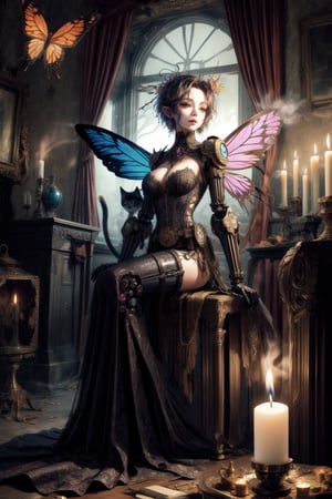 Steampunk Faery Girl,  Butterfly Wings, robot Cat, in a candle lit room ,STEAM PUNK