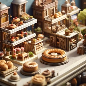 8k, RAW photos, top quality, masterpiece: 1.3),
The bakery is filled with cakes, bread, pastries, doughnuts, toast, ham sandwiches, handmade cookies, and spiral rolls., miniature, landscape, depth of field, ladder,  from above, English text,architecture, tree, potted plants, isometric style, simple background, white background,3d isometric,steampunk style,ff14bg,DonMSt33lM4g1cXL