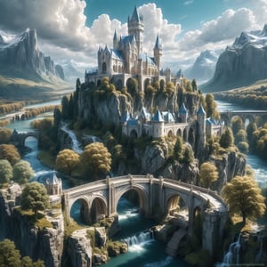 //quality, (masterpiece:1.4), (detailed), ((,best quality,)),//outdoors, sky, day, cloud, water, tree, no humans, scenery, bridge, river, elven marble castle, 2 castles joined by bridges,fantasy world,cliff, mountain, magical city,cathedral, tower, landscape, lake, white trees,aerial view 
