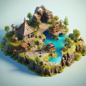 8k, RAW photos, top quality, masterpiece: 1.3),
A fantasy fairy village
, miniature, landscape, depth of field, ladder,  from above, English text,Ore, cave, torch,Underground lake, isometric style, simple background, white background,3d isometric,steampunk style,ff14bg,DonMSt33lM4g1cXL,DonMD0n7P4n1cXL