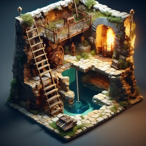 8k, RAW photos, top quality, masterpiece: 1.3),
medieval era ,Mine shaft underground
, miniature, landscape, depth of field, ladder,  from above, English text,Ore, cave, torch,Underground lake, isometric style, simple background, white background,3d isometric,steampunk style,ff14bg,DonMSt33lM4g1cXL,DonMD0n7P4n1cXL