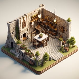 8k, RAW photos, top quality, masterpiece: 1.3),
 "Knight's Fortress

, miniature, landscape, depth of field, ladder, table, from above, English text, chair, lamp, coffee, architecture, tree, potted plants, isometric style, simple background, white background,3d isometric