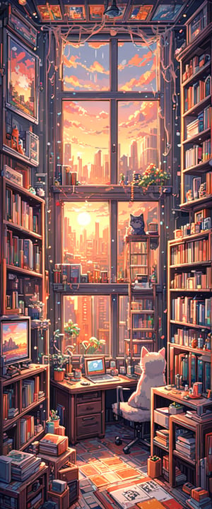 

Prompt: A lo-fi pixel art scene of an artist's studio with large windows overlooking the city, bathed in warm pink and orange hues during sunset. The room is filled with various painting supplies and canvases on shelves, while a Cat sits at their desk surrounded by books and sketches, adding to the cozy atmosphere. In the background, you can see tall buildings outside, adding depth to the scene. --ar 9:16 --style raw --stylize 750