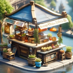 8k, RAW photos, top quality, masterpiece: 1.3),
Street food stall under the bridge
, miniature, landscape, depth of field, ladder,  from above, English text,architecture, tree, potted plants, isometric style, simple background, white background,3d isometric,steampunk style,ff14bg,DonMSt33lM4g1cXL