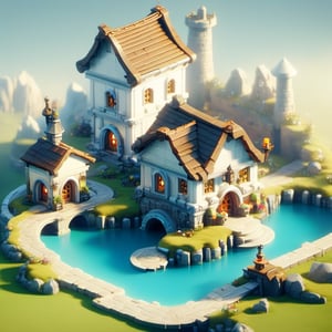 8k, RAW photos, top quality, masterpiece: 1.3),
A fantasy fairy village
, miniature, landscape, depth of field, ladder,  from above, English text,Ore, cave, torch,Underground lake, isometric style, simple background, white background,3d isometric,steampunk style,ff14bg,DonMSt33lM4g1cXL,DonMD0n7P4n1cXL,lego