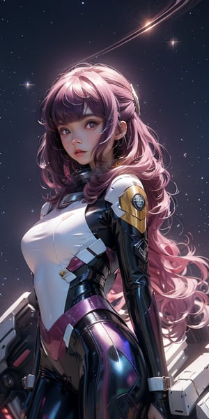 a girl, thunder yellow jacket, tight suit,Space helm of the 1960s,and the anime series G Force of the 1980s,Darf Punk wlop glossy skin, ultrarealistic sweet girl, space helm 60s, holographic, holographic texture, the style of wlop, space, ,helenadouglas,aafern