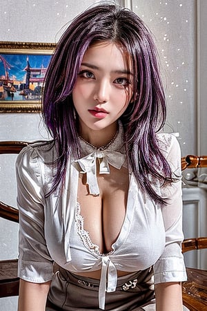 (best quality, masterpiece, colorful, dynamic angle, from below, highest detailed)upper body photo,  fashion photography of cute mechangel, (1girl, solo,preface face grey hair,(short) hair, red eyes,(purple hair), ayane \(doa\)) ,  (wearing sexy Cleavage cutout, 0ff1c3_3, dress, short brown skirt, jacket, white shirt, bow,0ff1c3_3, dress, short brown skirt, white shirt, bow, sleeveless, and white silk gloves , showing her huge boobs hanging downblouse cleavage when she bends over on the table looking at the viewer with lustful eyes ,down_blouse, bending_over, bent_over,doggy_position),black chinese dress,0ff1c3_3