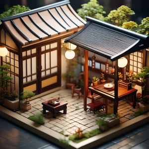 8k, RAW photos, top quality, masterpiece: 1.3), A beautiful Japanese-style courtyard amidst the bustling skyscrapers , miniature, landscape, depth of field, ladder, table, from above, English text, chair, lamp, coffee, architecture, tree, potted plants, isometric style, simple background, white background,3d isometric