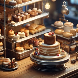 8k, RAW photos, top quality, masterpiece: 1.3),
The shelves in the bakery are filled with cakes, bread, doughnuts, toast, ham sandwiches, handmade cookies, and spiral rolls., miniature, landscape, depth of field, ladder,  from above, English text,architecture, tree, potted plants, isometric style, simple background, white background,3d isometric,steampunk style,ff14bg,DonMSt33lM4g1cXL