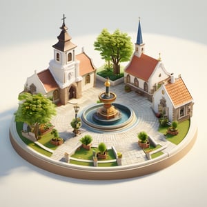 8k, RAW photos, top quality, masterpiece: 1.3), In front of the church is a circular fountain, with a shopping street on the left and a theological college on the right, along with a small square , miniature, landscape, depth of field, ladder, table, from above, English text, chair, lamp, coffee, architecture, tree, potted plants, isometric style, simple background, white background,3d isometric
