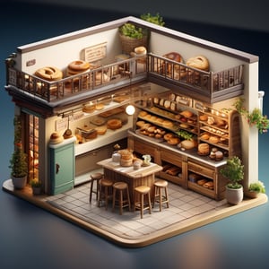 8k, RAW photos, top quality, masterpiece: 1.3),
 "A delicious bakery tucked away in an alley
, miniature, landscape, depth of field, ladder, table, from above, English text, chair, lamp, coffee, architecture, tree, potted plants, isometric style, simple background, white background,3d isometric