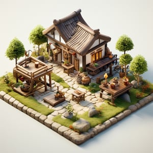 8k, RAW photos, top quality, masterpiece: 1.3), 1200 years ago hunting village, miniature, landscape, depth of field, ladder, table, from above, English text, chair, lamp, coffee, architecture, tree, potted plants, isometric style, simple background, white background,3d isometric