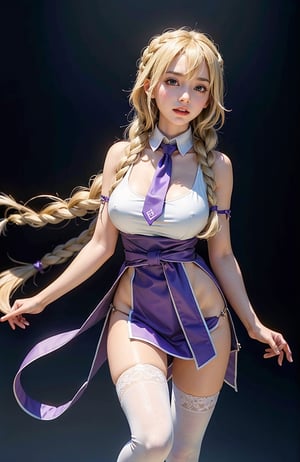 1girl,Long hair , (Long hair past waist braided into a single fishtail braid centered at the back),Layered Bangs, breasts, blush, open mouth, blonde hair, large breasts, thighhighs, bare shoulders,White sleeveless open-back blouse, purple eyes, braid , purple necktie , sleeveless, solo focus ,  clothing cutout, single braid, sideboob , breasts squeezed together , jeanne d'arc \(fate\),Nice legs and hot body,full-body photo,Perfect body,