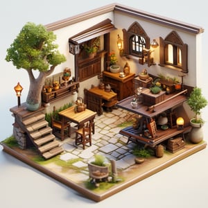 8k, RAW photos, top quality, masterpiece: 1.3),
 "Medieval Traveler's Inn
, miniature, landscape, depth of field, ladder, table, from above, English text, chair, lamp, coffee, architecture, tree, potted plants, isometric style, simple background, white background,3d isometric