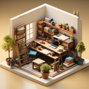 8k, RAW photos, top quality, masterpiece: 1.3), A cluttered studio filled with paper reference materials , miniature, landscape, depth of field, ladder, table, from above, English text, chair, lamp, coffee, architecture, tree, potted plants, isometric style, simple background, white background,3d isometric