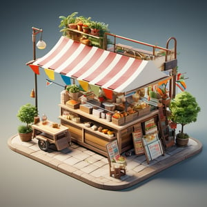 8k, RAW photos, top quality, masterpiece: 1.3),
 "Roadside food cart with hanging flags,noodle stand
, miniature, landscape, depth of field, ladder, table, from above, English text, chair, lamp, coffee, architecture, tree, potted plants, isometric style, simple background, white background,3d isometric