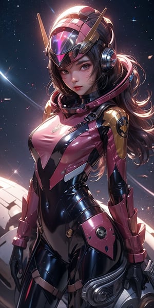 a girl, thunder yellow jacket, tight suit,Space helm of the 1960s,and the anime series G Force of the 1980s,Darf Punk wlop glossy skin, ultrarealistic sweet girl, space helm 60s, holographic, holographic texture, the style of wlop, space, 