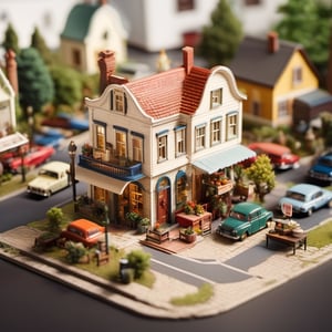 8k, RAW photos, top quality, masterpiece: 1.3), American rural town in the 1980s , miniature, landscape, depth of field, ladder, table, from above, English text, chair, lamp, coffee, architecture, tree, potted plants, isometric style, simple background, white background