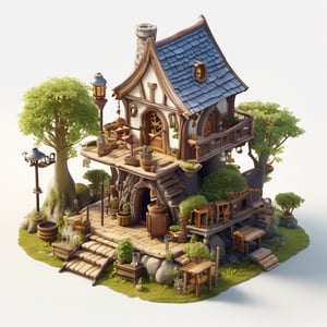 8k, RAW photos, top quality, masterpiece: 1.3),
 "Medieval Elven Treehouse
, miniature, landscape, depth of field, ladder, table, from above, English text, chair, lamp, coffee, architecture, tree, potted plants, isometric style, simple background, white background,3d isometric