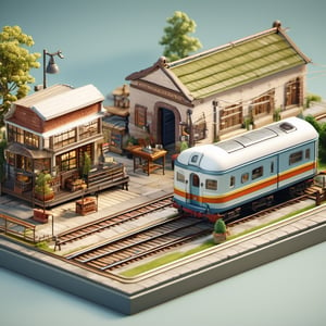 8k, RAW photos, top quality, masterpiece: 1.3),
 "Train maintenance depot
, miniature, landscape, depth of field, ladder, table, from above, English text, chair, lamp, coffee, architecture, tree, potted plants, isometric style, simple background, white background,3d isometric