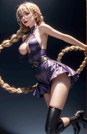 1girl,Long hair , (Long hair past waist braided into a single fishtail braid centered at the back),Layered Bangs, breasts, blush, open mouth, blonde hair, large breasts, thighhighs, bare shoulders,White sleeveless open-back blouse, purple eyes, braid , A closed-lip smile,
 black thighhighs,
purple High-slit sexy patent leather bunny girl costume,
,red high heels
,golden square frame glasses,
garter straps, sideboob , breasts squeezed together , jeanne d'arc \(fate\),Nice legs and hot body,full-body photo,Perfect body,