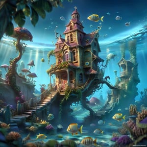 MAGICAL cute STORYBOOK tropical bay , shabby STYLE lovely house on the tropical bay ON THE book PAGE, summer, tropical fish in the water. Modifiers: highly detailed dof trending on cgsociety steampunk fantastic view ultra detailed 4K 3D whimsical Storybook beautifully lit etheral highly intricate stunning color depth disorderly outstanding cute illustration cuteaesthetic Boris Vallejo style shadow play The mood is Mysterious and Spellbinding, with a sense of otherworldliness otherwordliness macro photography style LEONARDO DIFFUSION XL STYLE vintage-boho