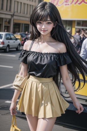 masterpiece, best quality, absurdres, perfect antomy, 1girl, solo, SMMars, very long hair, parted bangs, 1990s \(style\), standing, smile, cowboy shot, pleated skirt, black skirt, off-shoulder shirt