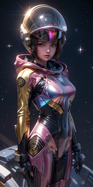 a girl, thunder yellow jacket, tight suit,Space helm of the 1960s,and the anime series G Force of the 1980s,Darf Punk wlop glossy skin, ultrarealistic sweet girl, space helm 60s, holographic, holographic texture, the style of wlop, space, ,helenadouglas