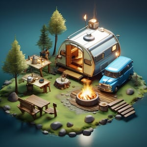 8k, RAW photos, top quality, masterpiece: 1.3),
 forest camping area,tent,recreational vehicle,campfire,lake shore,rocks,trees
, miniature, landscape, depth of field, ladder,  from above, English text, isometric style, simple background, white background,3d isometric,steampunk style,ff14bg,DonMSt33lM4g1cXL,DonMD0n7P4n1cXL