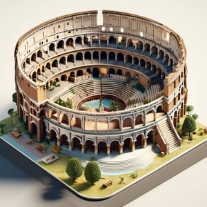 8k, RAW photos, top quality, masterpiece: 1.3), The Colosseum in Rome , miniature, landscape, depth of field, ladder, table, from above, English text, chair, lamp, coffee, architecture, tree, potted plants, isometric style, simple background, white background,3d isometric