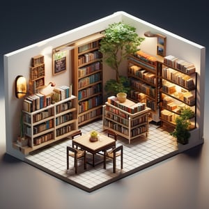 8k, RAW photos, top quality, masterpiece: 1.3),
 "A hybrid bookstore with a café
, miniature, landscape, depth of field, ladder, table, from above, English text, chair, lamp, coffee, architecture, tree, potted plants, isometric style, simple background, white background,3d isometric